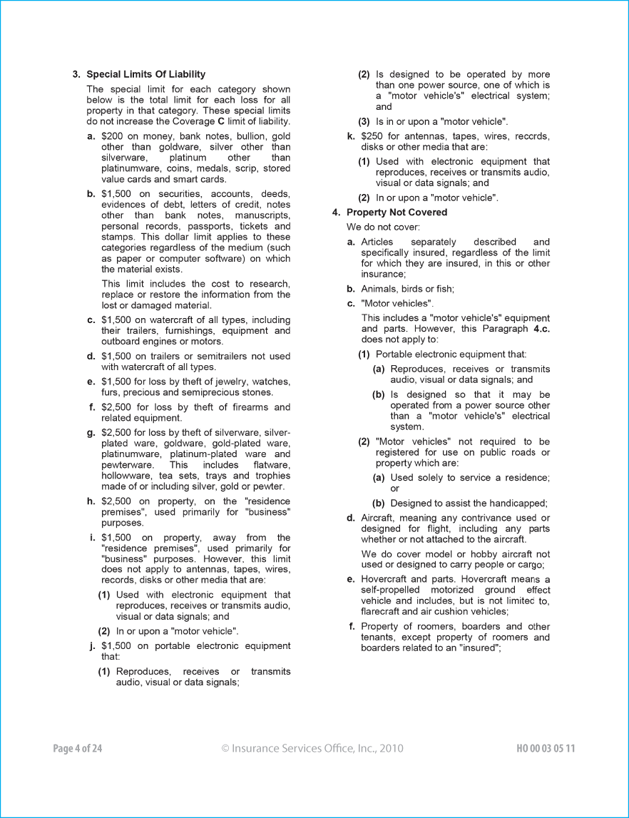 The Section 1 property coverages includes the Coverage 'A' - Dwelling, Coverage B - Other Structures, and Coverage C - Personal properties of Homeowner 3 are listed.