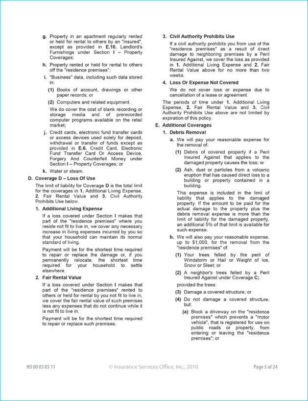 The Personal property of special limits of liability and property not covered in the Homeowner 3 are listed.