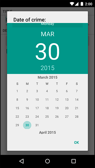 A dialog for picking the date of a crime