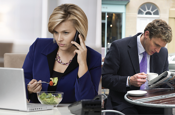 A combined photo shows a woman executive at work with a bowl of greens on the left, and a man executive reading a newspaper over coffee on the right.