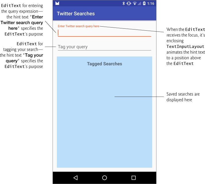 A screenshot displays the twitter search fragment which contains a edit text field for entering the query expression.