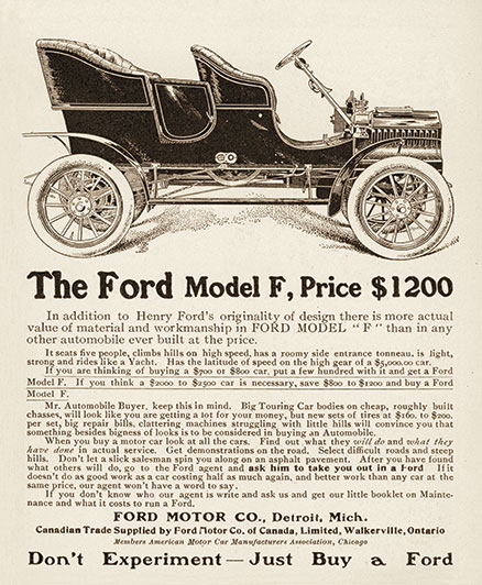 Photo shows the advertisement of Ford Model F with a photo of the car and a lot of text.