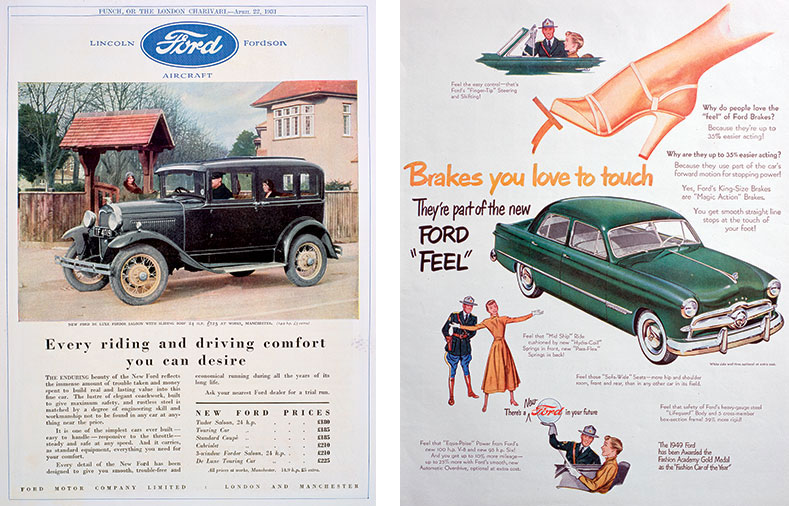 Photo shows the advertisement for New Ford Delux Saloon, a color photo of the car in front of a house with reduced text. Photo shows the advertisement for Ford sedan, with illustrations showing a couple and explaining each of its features.