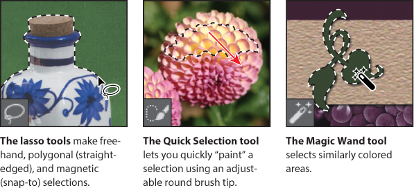 A screenshot shows the "Tools Panel" with options as follows:  The lasso tools make freehand, polygonal (straightedged), and magnetic (snap-to) selections.  The Quick Selection tool lets you quickly paint a selection using an adjustable round brush tip.  The Magic Wand tool selects similarly colored areas.