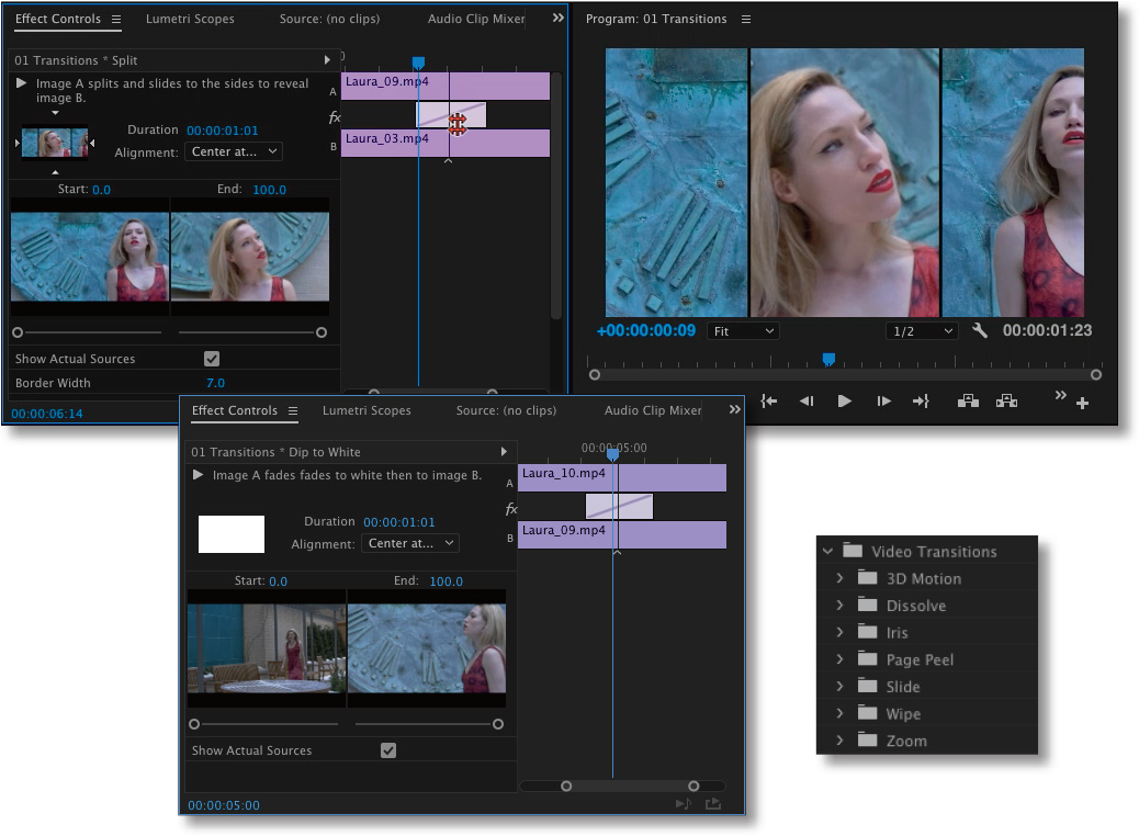 Four cascading panels of the workspace on Adobe premiere Pro: two effects Effect Controls panels, Program Monitor, and a menu of Video Transitions options.