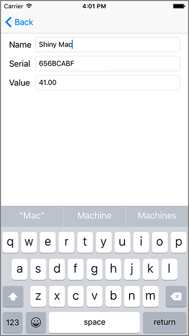 A view controller shows three fields: Name, Serial, and Value. The pointer is placed over the text box across the name label. A “qwerty” keypad appears at the bottom.