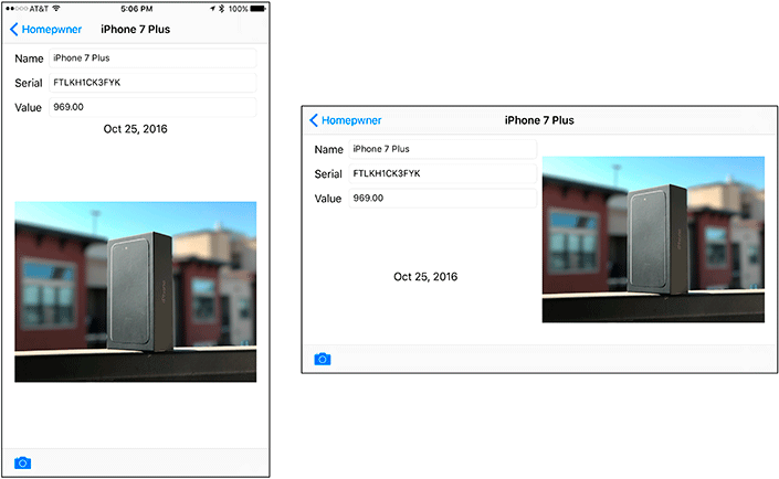 Screenshot shows two different orientations of a detail view controller.