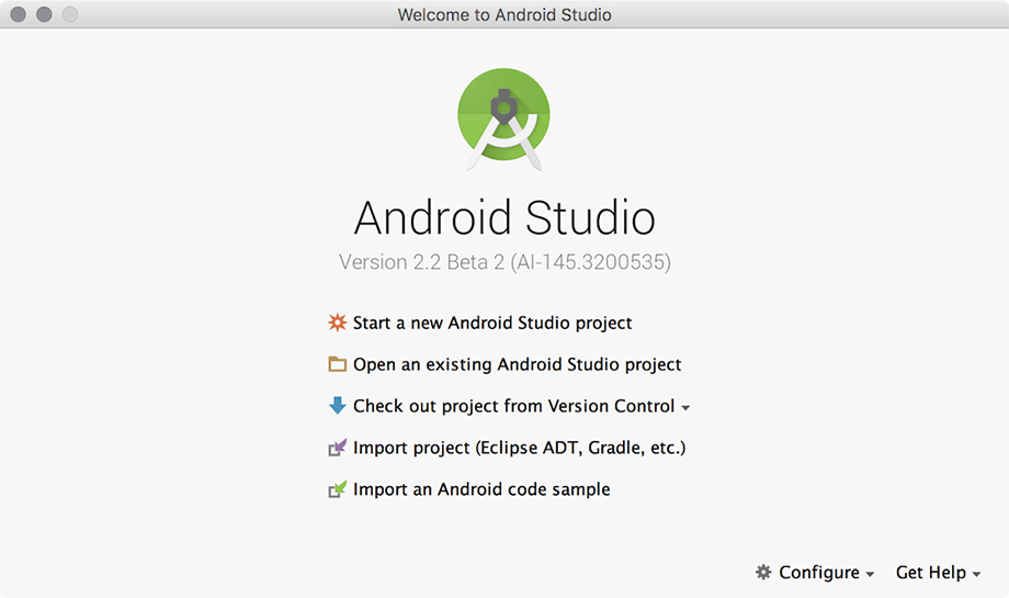 Screenshot shows the welcome screen in Android Studio.