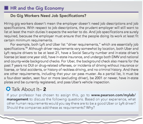 A snapshot shows the feature “HR and the Gig Economy.” In this case, it presents a sample scenario that is titled “Do Gig workers need job specifications?”