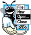 The look and feel observations icon depicts the following options. File, new, open, and close. A fly clicks the left button on the mouse to select the option, open.