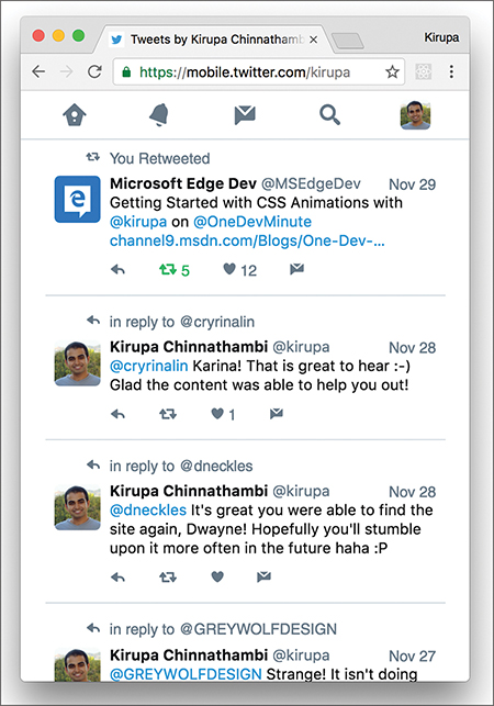 A screenshot shows a web browser displaying the mobile twitter page of Kirupa Chinnathambi. The page shows Kirupa's retweet with several replies below it.