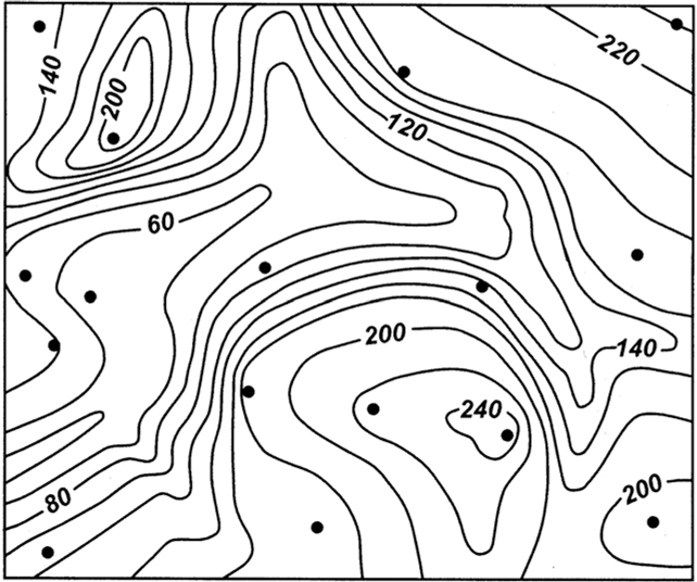 A map constructed using the interpretive contouring technique is shown. Depths are marked using numbers.