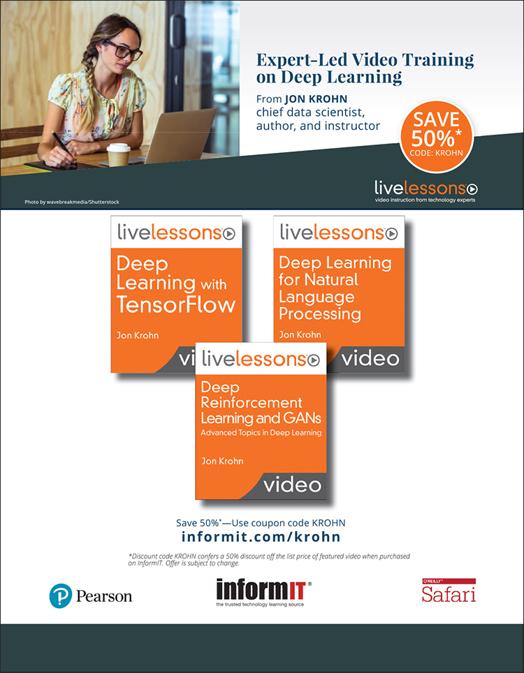 A snapshot shows details about the expert-LED video training on deep learning. The Pearson-Addison Wesley, InformIT, and O'Reilly Safari logos are shown at the bottom.