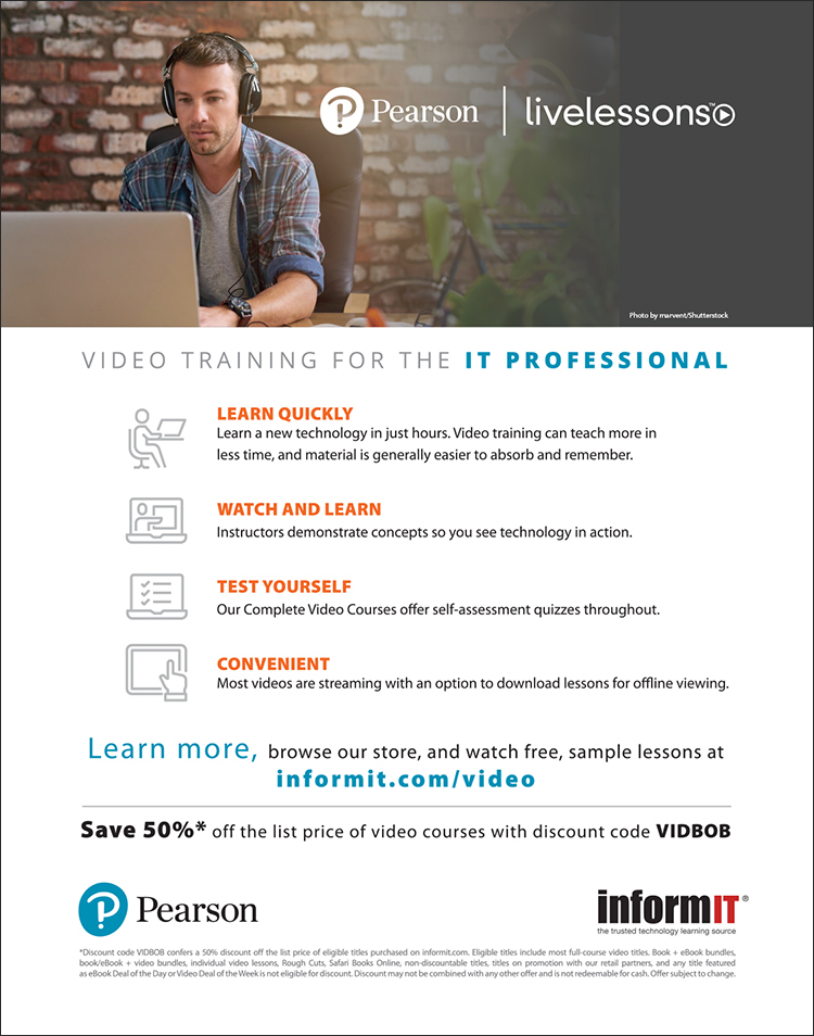 A snapshot shows the details about the live lessons, video training for the IT professionals. The logo of Pearson and InformIT are shown at the bottom.