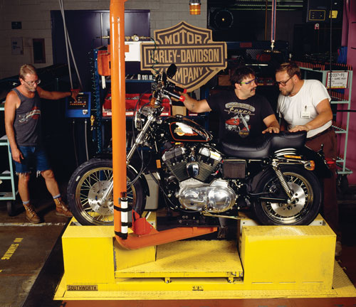 Photo shows three men inspecting a Harley-Davison bike that is mounted on a stand.