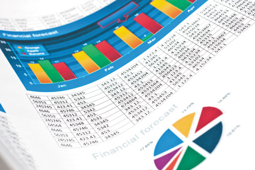 Photo of a financial spreadsheet showing some graphs and columns of figures.