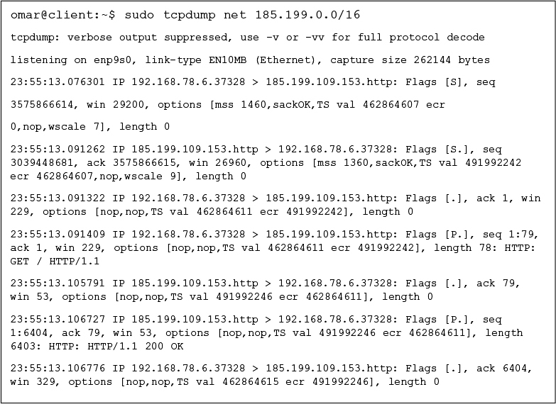 A screenshot shows Packet Capture output of the HTTP Request and Response Using tcpdump.