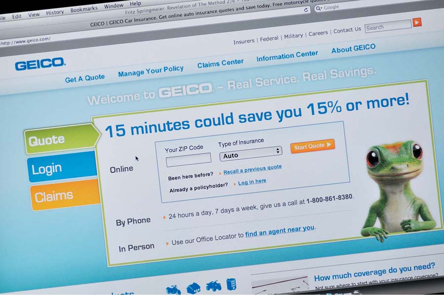 The home page of the Geico website featuring an advertisement on saving money.