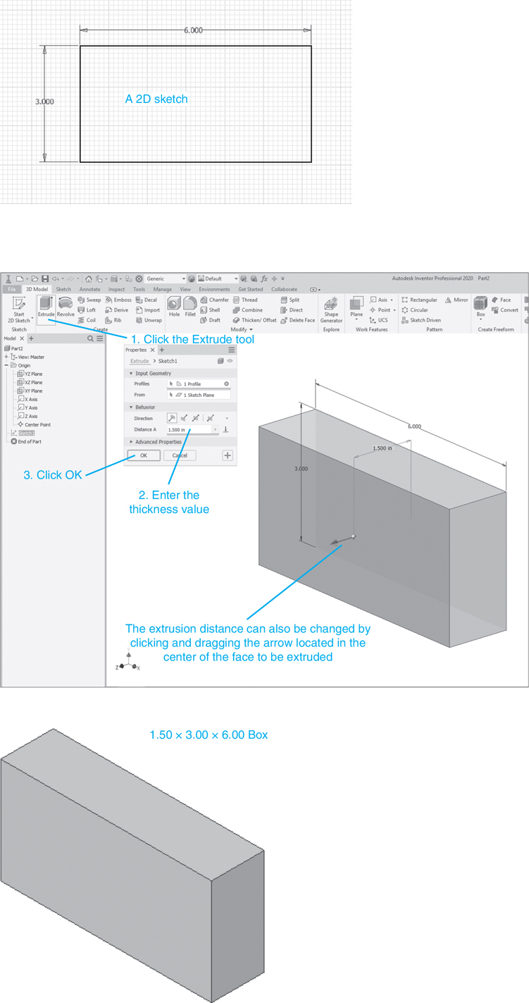 Three figures show the 2D sketch and 3D solid model of a rectangular block.