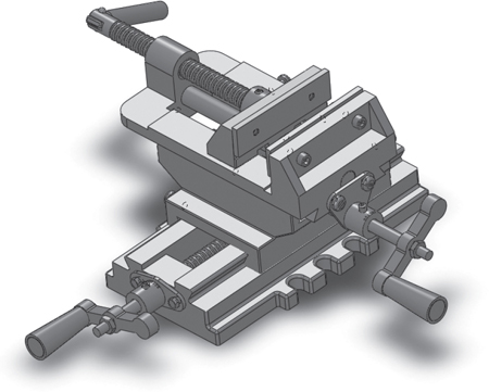 A milling vise is shown in shades of gray.