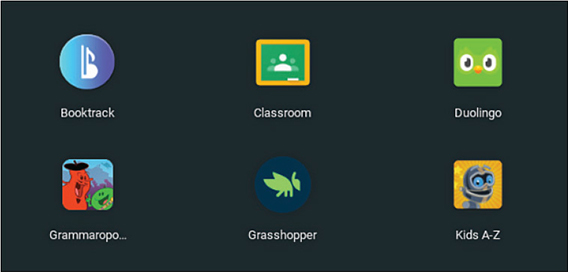 A panel shows icons of the following applications: Booktrack, Classroom, Duolingo, Grammaropolis, Grasshopper, and Kids A-Z.