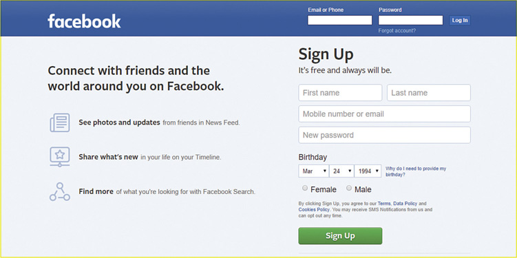 Screenshot of the sign up page of Facebook.