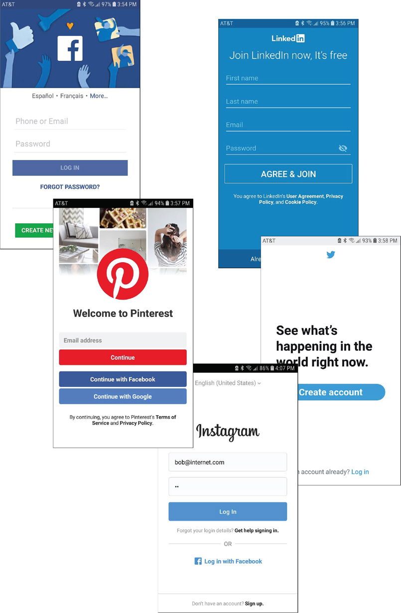 Log in windows of Facebook, Twitter, LinkedIn, Instagram, and Pinterest.