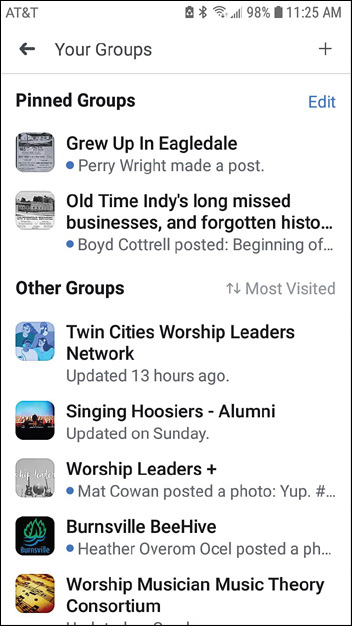 Screenshot displays various groups on a Facebook app. The top section lists the pinned groups whereas the bottom section lists other groups.