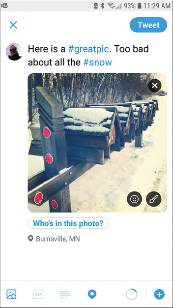 A tweet from Michael Miller shows a photo taken in the snow, listed with the hashtag "greatpic."