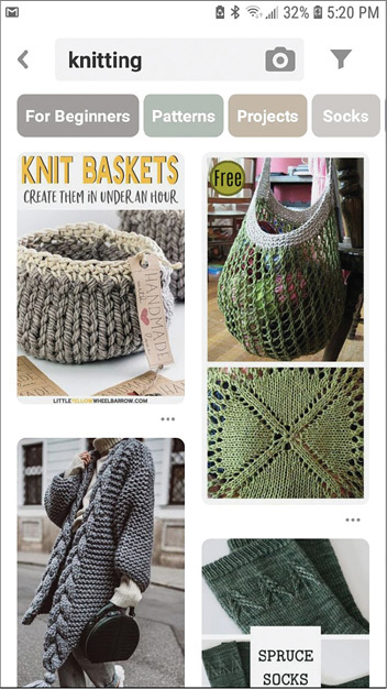 A screenshot shows a board title knitting. Several images are displayed under the "for beginners" tab.