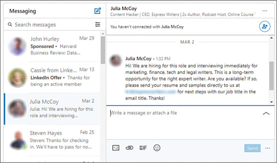 A screenshot shows a chat conversation on LinkedIn.