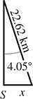 A triangle with sides 22.62 kilometers and x units, and opposite angles S and 4.05 degrees, respectively.