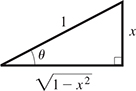 A right triangle with a leg of square root of 1 minus x squared, a leg of x, and hypotenuse of 1. Opposite the leg of x is angle theta.