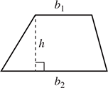 A trapezoid with bases b 1 and b 2. Height h goes from one base vertex, meeting the other base at a right angle.