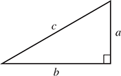 A right triangle with leg ay and leg b meeting at a right angle, and hypotenuse c opposite the right angle.