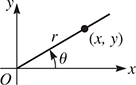 A ray rises from (0, 0) through (x, y) at a counterclockwise angle theta to the x-axis. From (0, 0) to (x, y) is r.