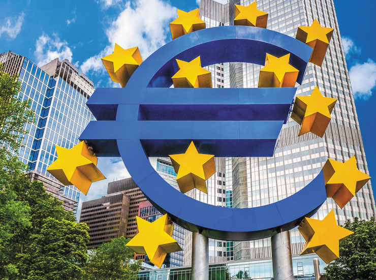 A large sculpture of the Euro symbol.