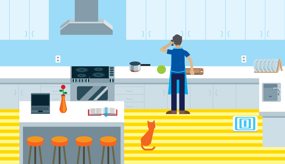 A graphical representation shows a man with apron standing inside the kitchen and speaking over the phone. A cat is seated behind him.