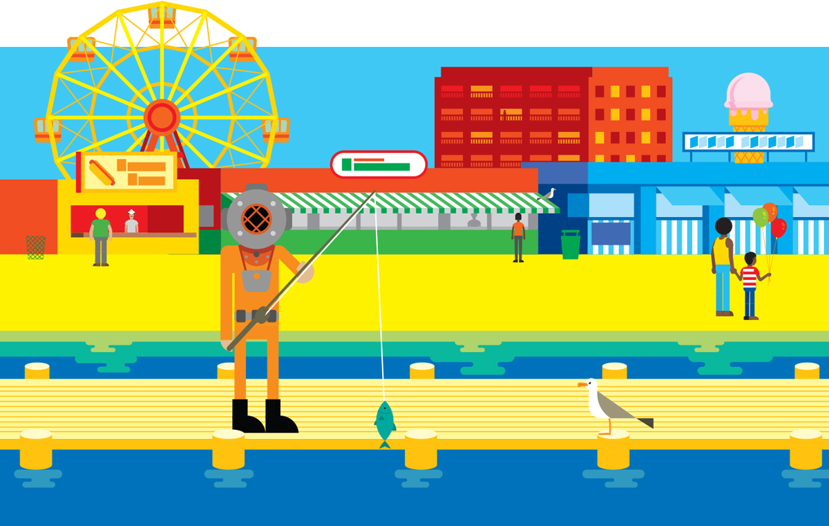 A graphical representation shows a human figure standing on the pier with a fishing rod. Two other men are standing in front of the theme park in the background.