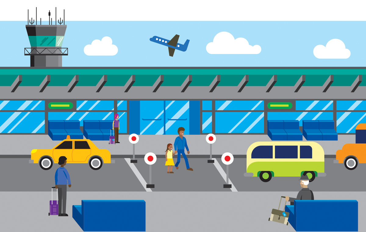 A graphical image shows a man and his daughter crossing the road from the airport. Few other members are waiting with their trolley cases.