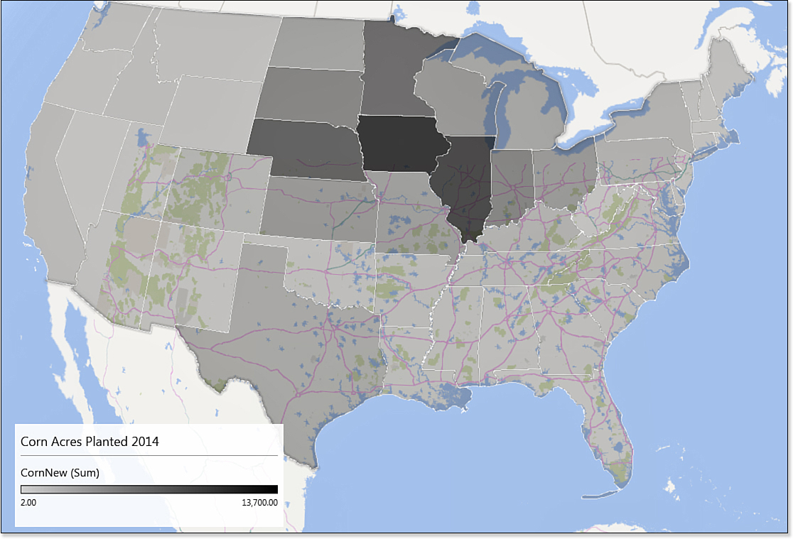 This figure shows a map of the United States. The legend reads, “Corn Acres Planted.” The shapes of Iowa, Illinois, and Nebraska are much darker than the other states.