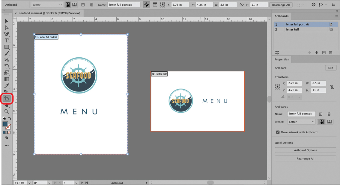 A screenshot of the Adobe Illustrator represents the artboard tool and the artboard panel.