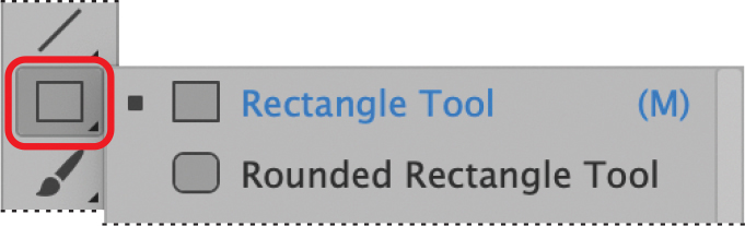 A screenshot shows the Rectangle tool drop-down menu from the toolbar. The drop-down menu lists the Rounded Rectangle tool.