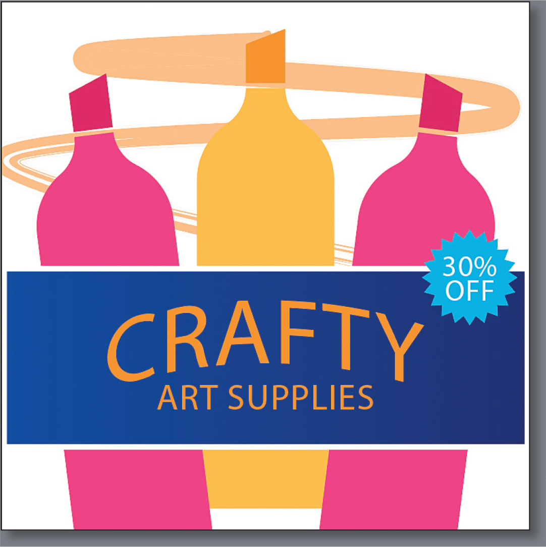 An illustration shows three markers placed in a row. A rectangle at the center has the text that reads, crafty art supplies. 30% off is written on the top-right side of the rectangle.