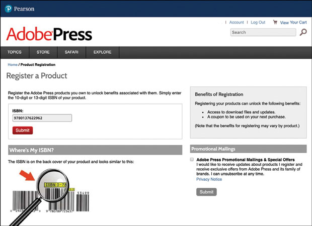 In the screenshot, the Adobe Press website shows the product registration page. On the product registration page, the ISBN text field is provided to register the product bought from adobe press. Below the text field, a button Submit is present.