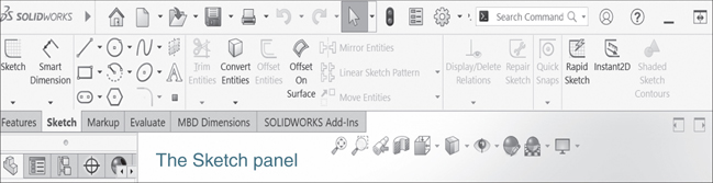 A screenshot of the SolidWorks window shows the tools in the sketch panel.