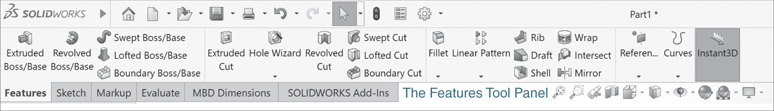 A screenshot of the SolidWorks screen depicts the features tool panel.