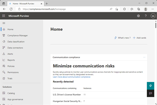 This screenshot shows the Microsoft Purview Compliance portal home page.