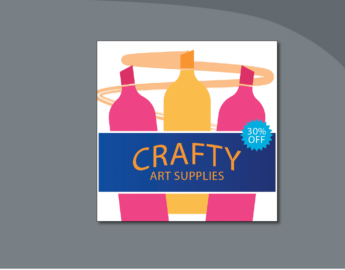 An illustration shows three markers placed in a row. A rectangle at the center has the text that reads, crafty art supplies. 30% off is written on the top-right side of the rectangle.