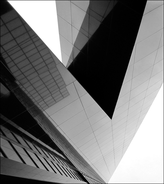 An aerial view of the skyscraper architecture building with mirror work.